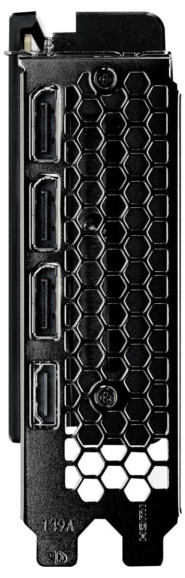 Rückseite einer Grafikkarte mit vier HDMI-Anschlüssen, schwarzem Gitterdesign und seriennummerartiger Beschriftung unten.