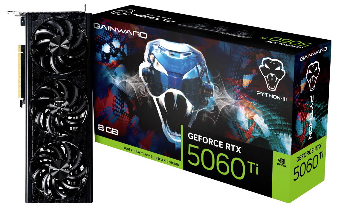 Eine Gainward RTX 5060 Ti Grafikkarte neben ihrer Verpackung. Die Verpackung zeigt ein futuristisches Schädel-Design in Blau und Rot.