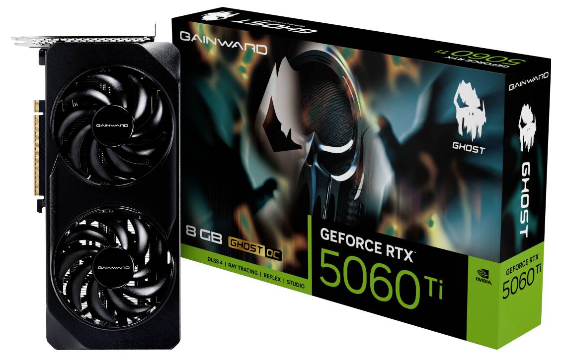 Gainward GeForce RTX 5060 Ti Grafikkarte, 8 GB, schwarze Doppellüfter neben der Verpackung mit futuristischem Design.