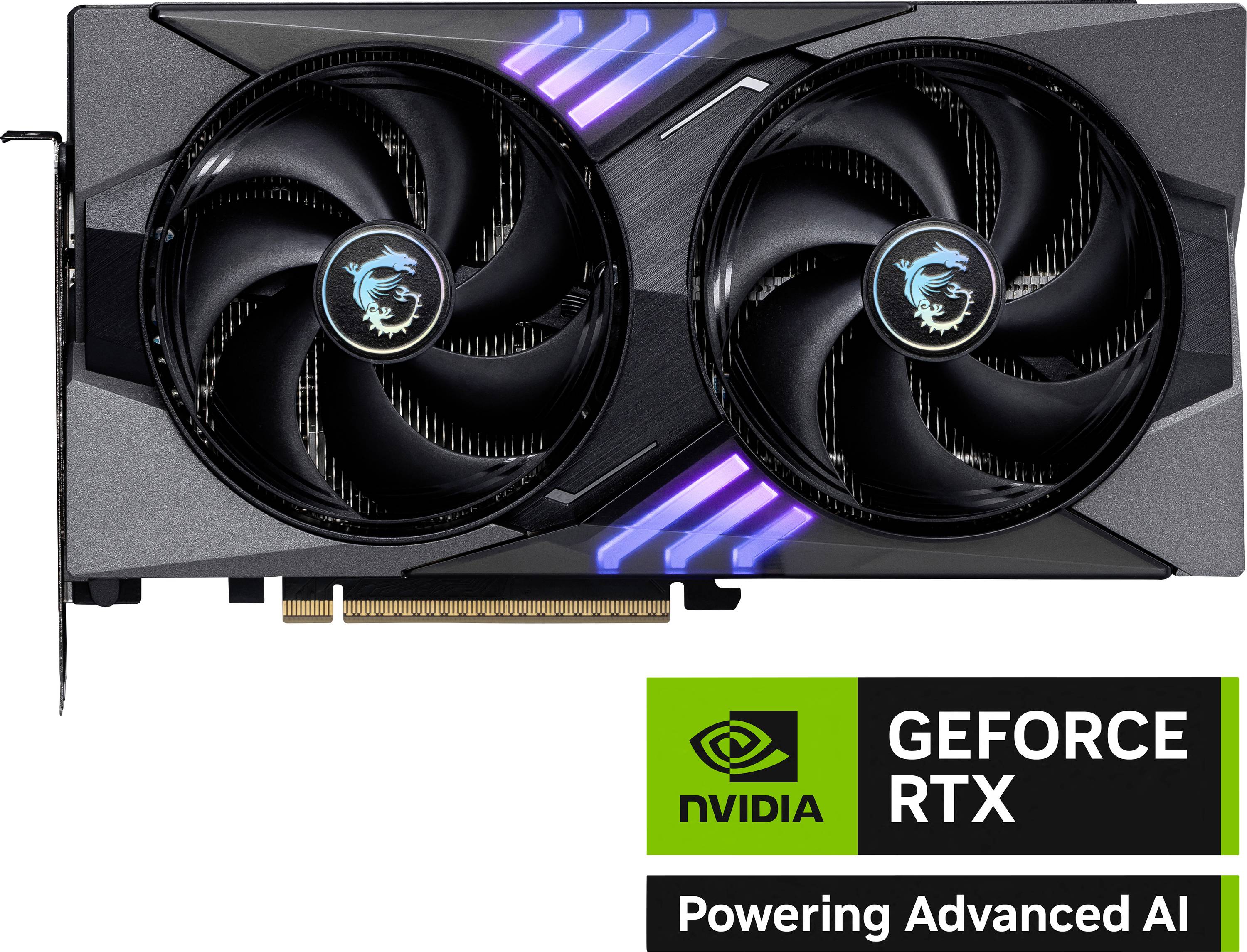 Grafikkarte mit zwei Lüftern, leuchtet blau und violett. Unten rechts Logo: 'NVIDIA GEFORCE RTX'. Text: 'Powering Advanced AI'.