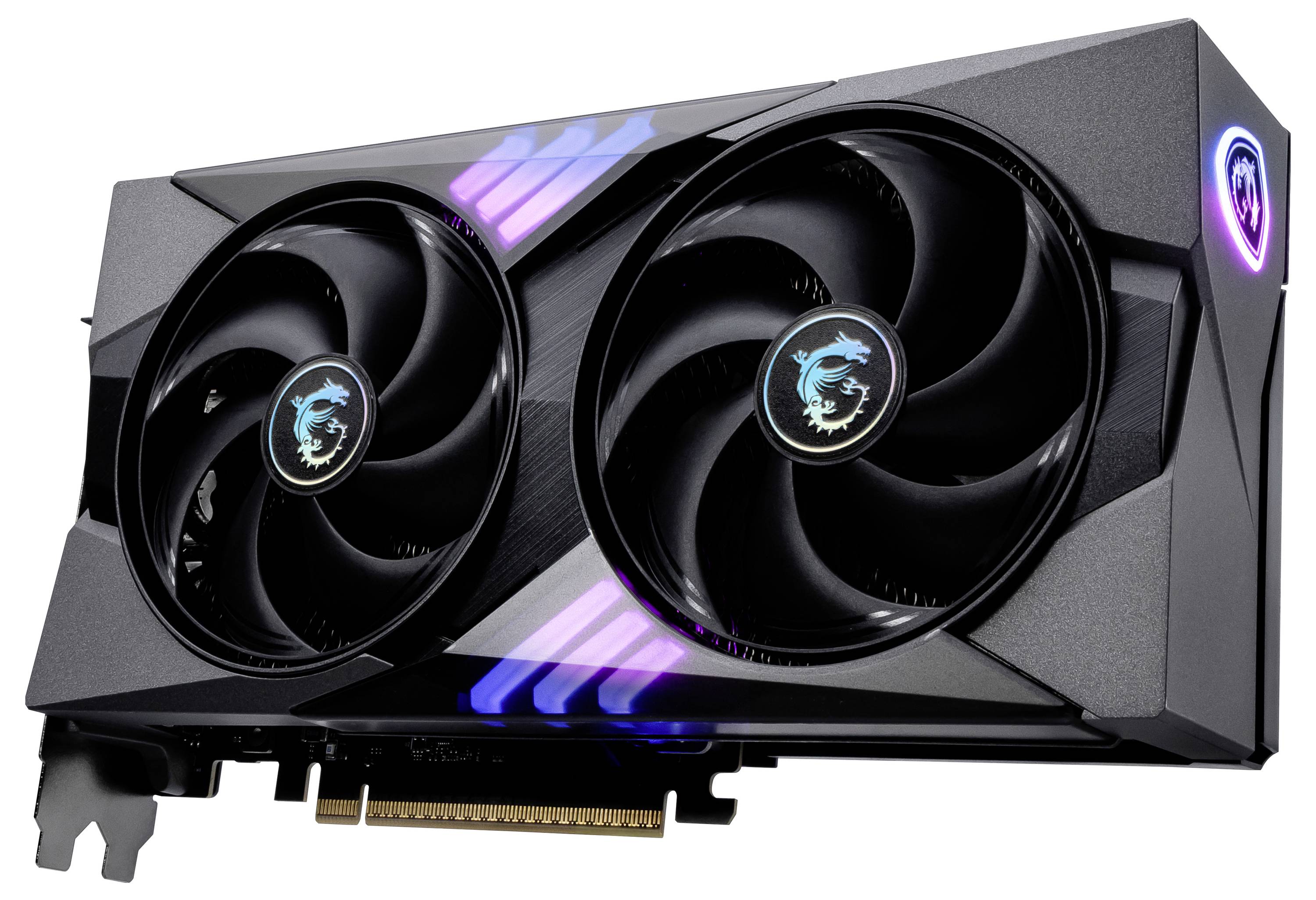Grafikkarte mit zwei Lüftern und leuchtendem Logo. Modernes Design, geeignet für leistungsstarke Computeranwendungen.