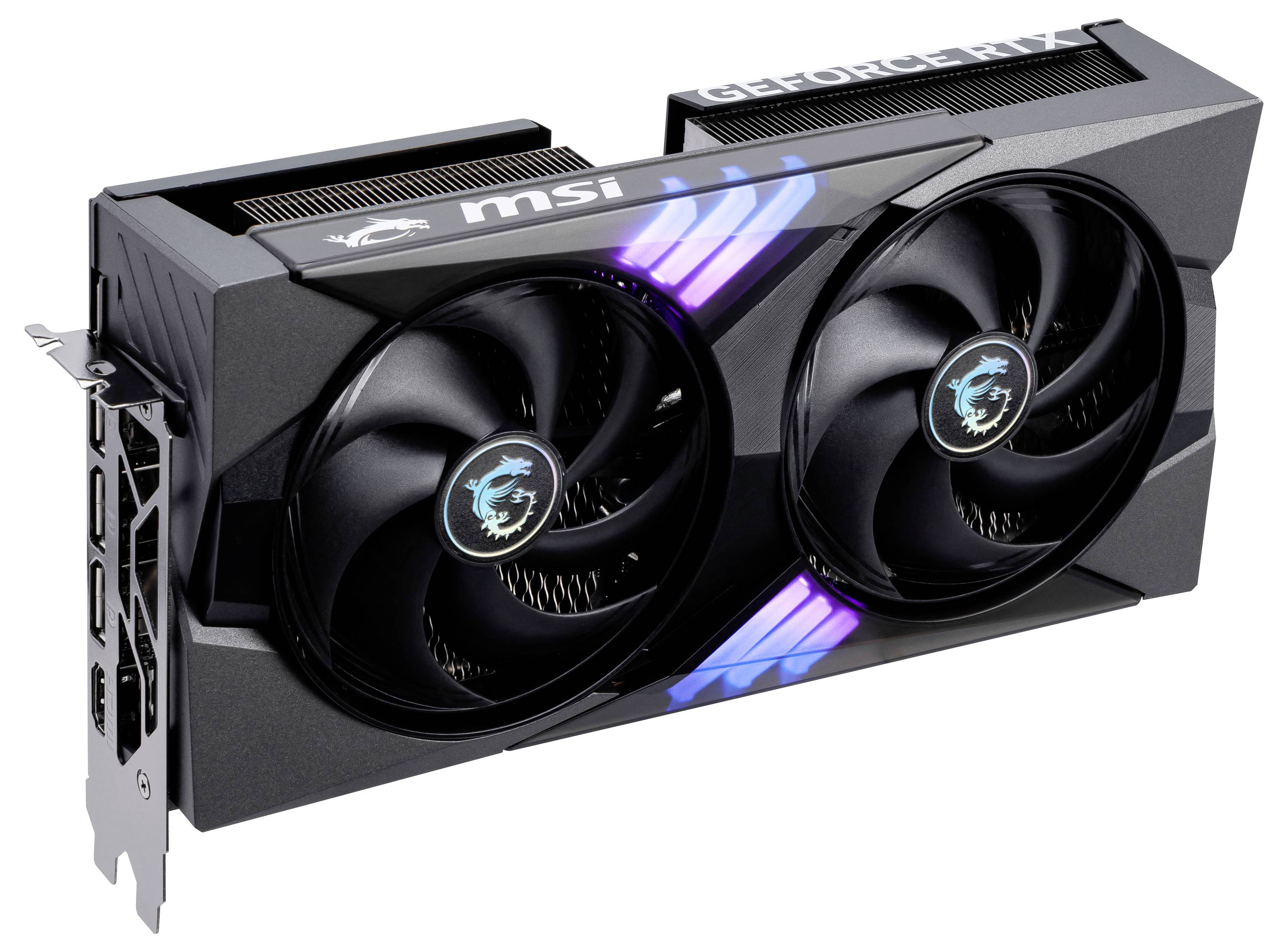 Eine schwarze MSI Grafikkarte mit zwei Lüftern und RGB-Beleuchtung. GeForce RTX-Logo an der Seite sichtbar.