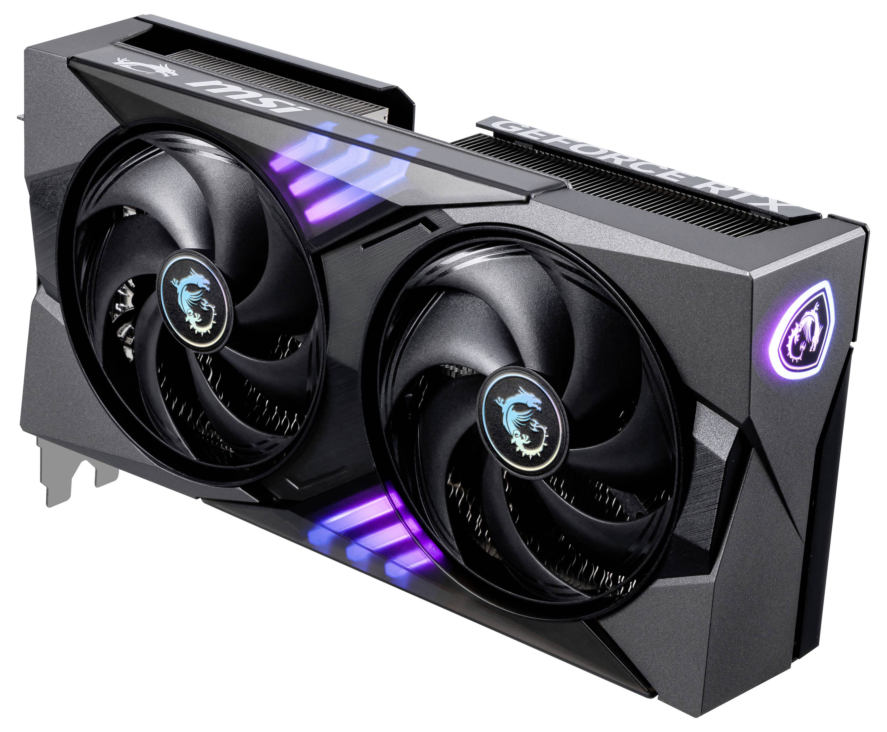 Grafikkarte mit zwei Lüftern, schwarzes Gehäuse und RGB-Beleuchtung. Markierungen zeigen MSI- und GeForce RTX-Logos.