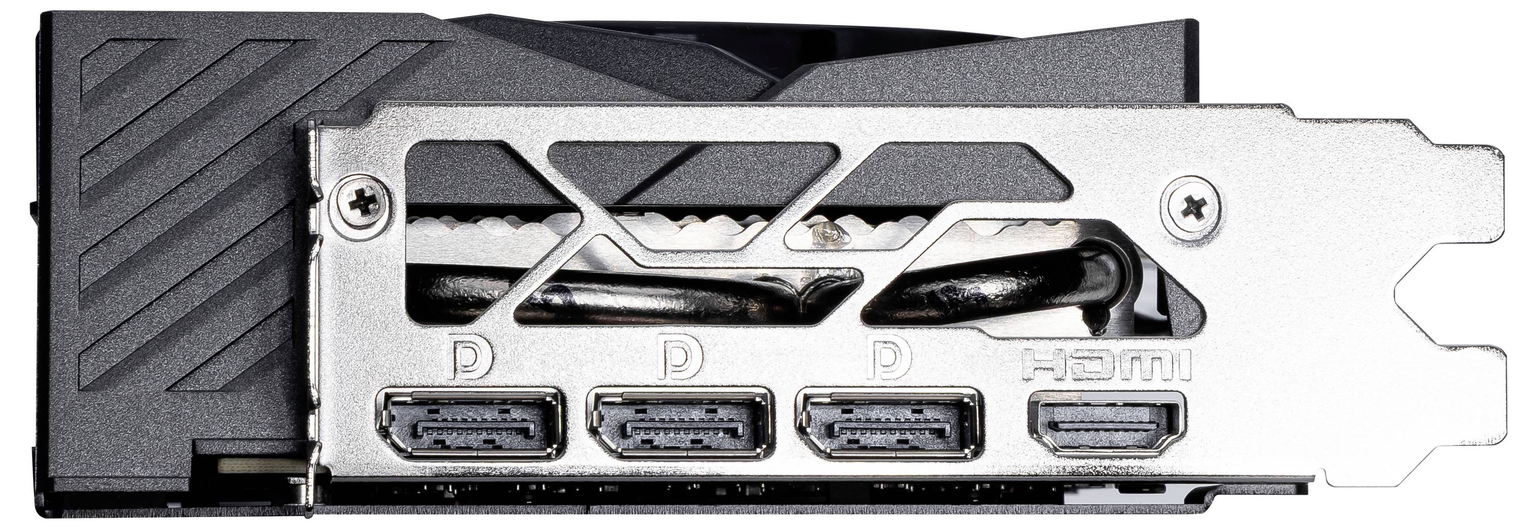 Rückansicht einer Grafikkarte mit drei DisplayPort-Anschlüssen und einem HDMI-Anschluss. Die Metallblende zeigt Öffnungen für Kühlung.