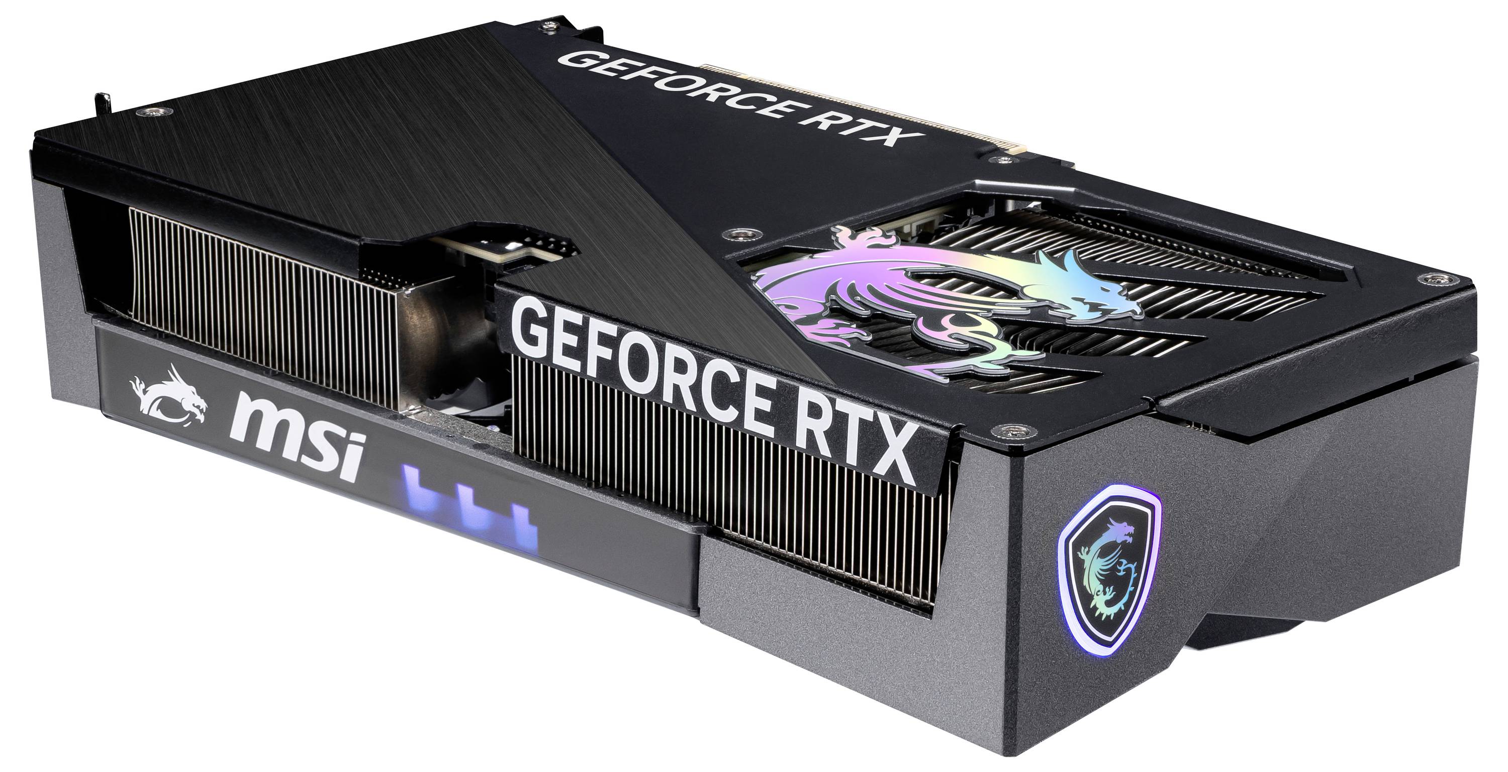 Grafikkarte von MSI mit schwarzem Gehäuse, darauf ein gezeichnetes Drachensymbol in schillernden Farben und der Schriftzug 'GEFORCE RTX'.