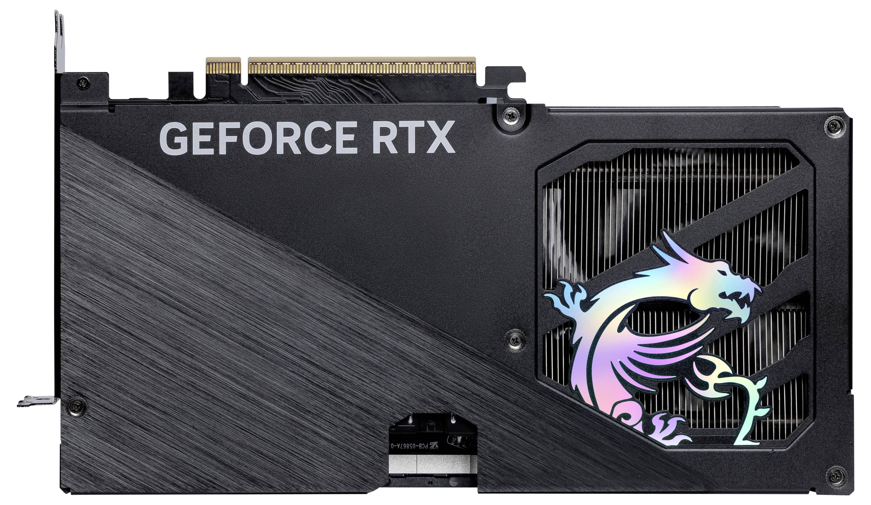 Schwarze Grafikkarte mit 'GEFORCE RTX'-Schriftzug. Rechts ein stilisierter, bunter Drache.
