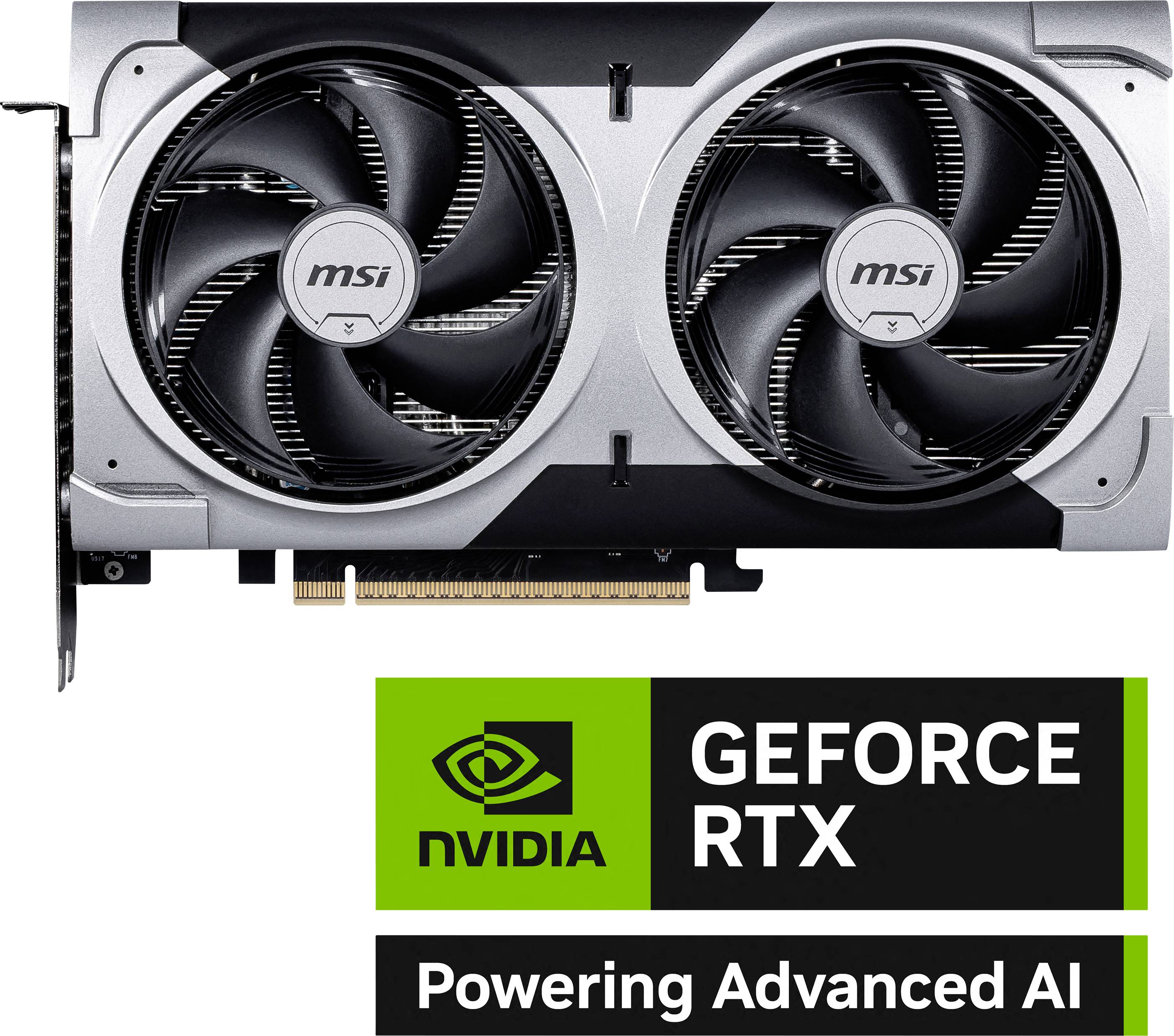 Große Grafikkarte mit zwei Lüftern, 'msi'-Logo aufgeprägt. Darunter Text: 'nvidia GEFORCE RTX - Powering Advanced AI'.