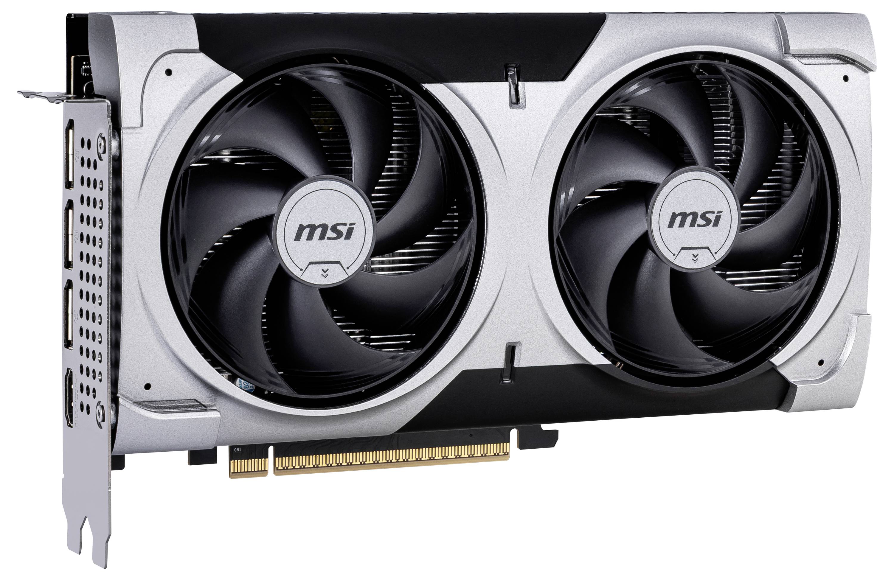 Grafikkarte von MSI mit zwei großen Lüftern, silber-schwarzes Gehäuse, geeignet zur Montage in einem PC, Anschlussseitige Details sichtbar.