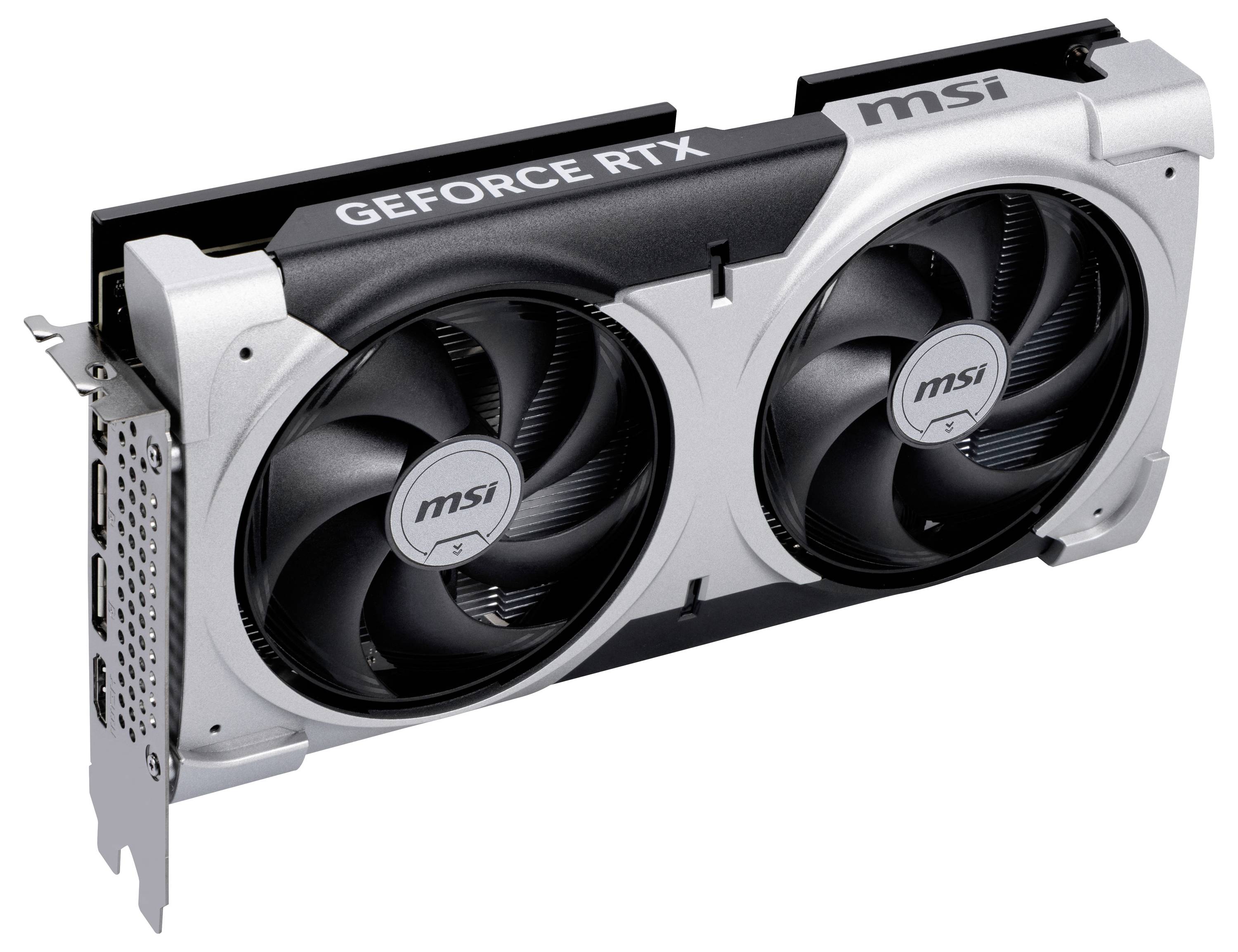 Grafikkarte mit zwei Lüftern, Aufschrift 'GEFORCE RTX' und 'msi'. Silbernes Gehäuse, geeignet für leistungsstarke Grafikverarbeitung.