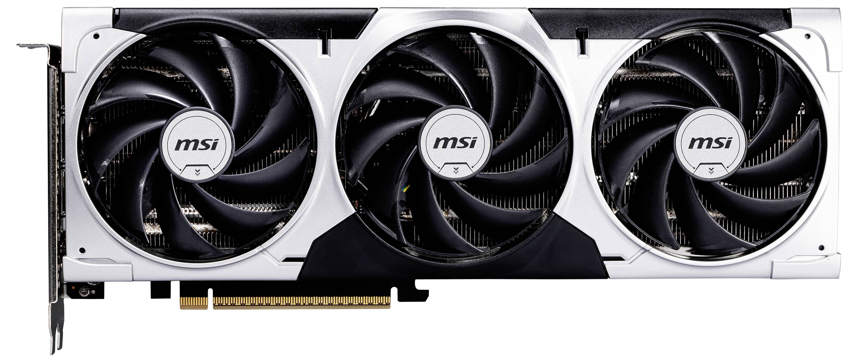 Eine silberne Grafikkarte mit drei Lüftern der Marke MSI, geeignet für High-Performance-Computing und Gaming-Anwendungen.