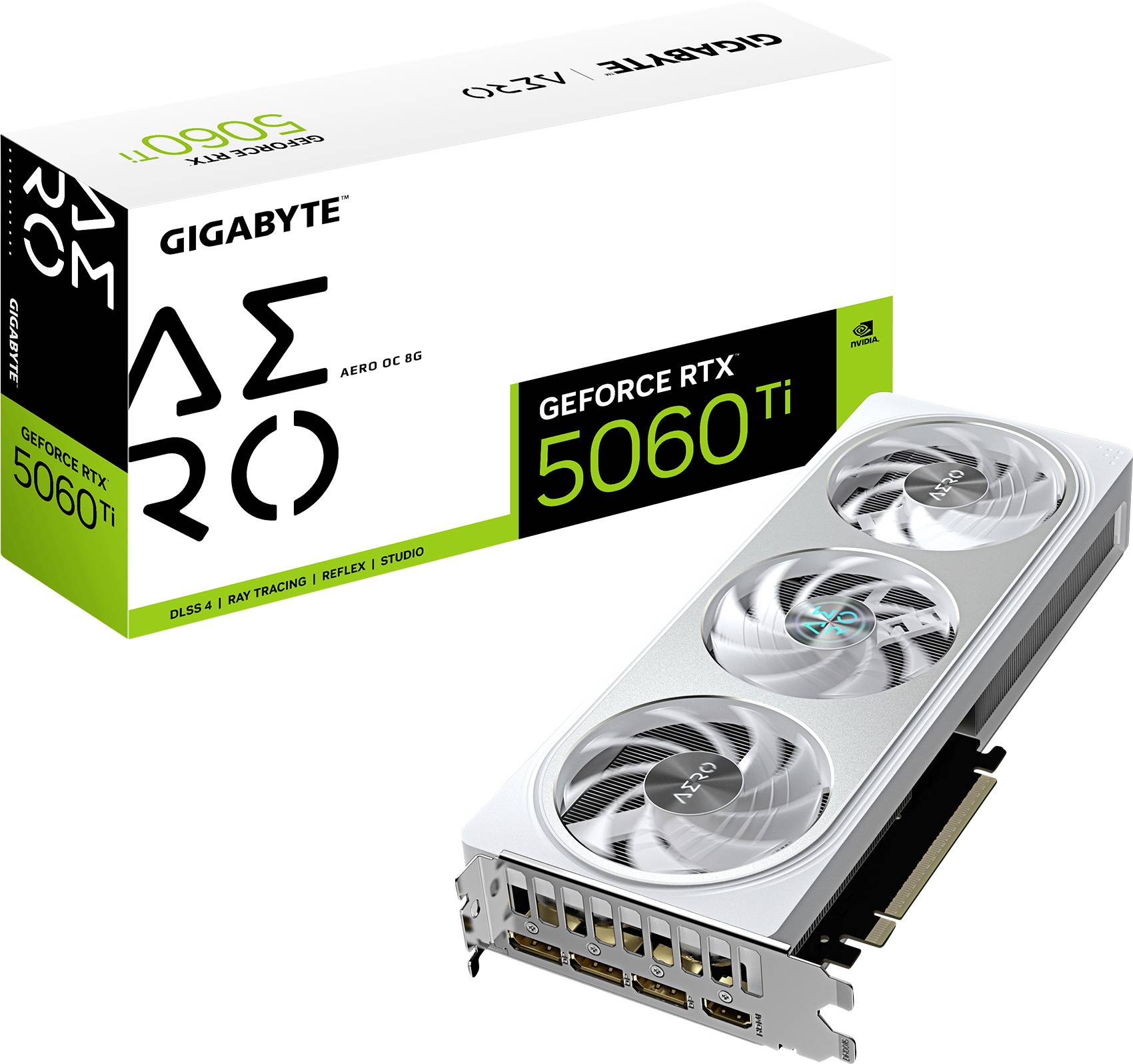 Eine Grafikkarte von Gigabyte, Modell 'AERO OC 8G', GeForce RTX 5060 Ti, mit drei Lüftern und Anschlüssen für Monitore. Verpackung im Hintergrund.