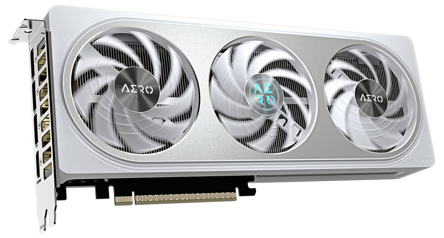 Grafikkarte mit silbernem Gehäuse, drei Lüftern und PCIe-Anschluss, markiert mit 'AERO'.