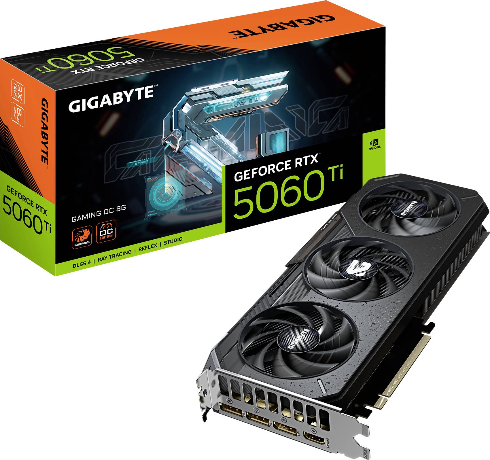 Eine Gigabyte GeForce RTX 5060 Ti Grafikkarte und ihre Verpackung. Die Verpackung zeigt das Modell und verschiedene Technologien, die unterstützt werden.