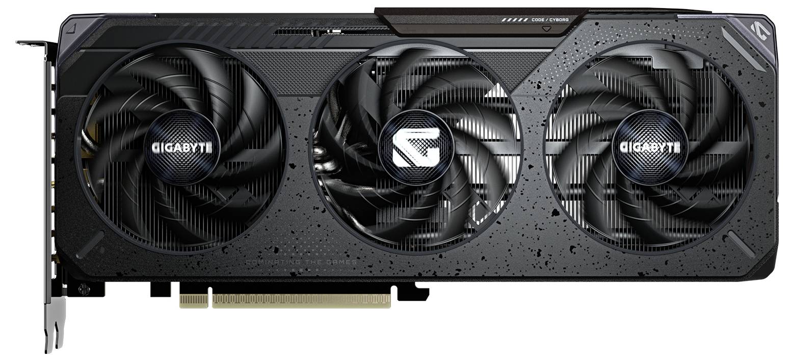 Eine schwarze Grafikkarte mit drei Lüftern. Markierung 'Gigabyte'.
