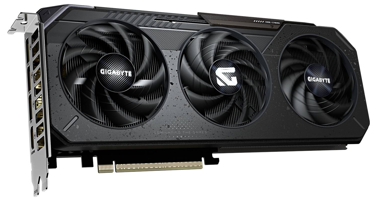 Grafikkarte mit drei Lüftern, schwarzes Design, PCIe-Anschluss sichtbar. Marke und Modell sind Gigabyte, geeignet für leistungsstarke Computer.