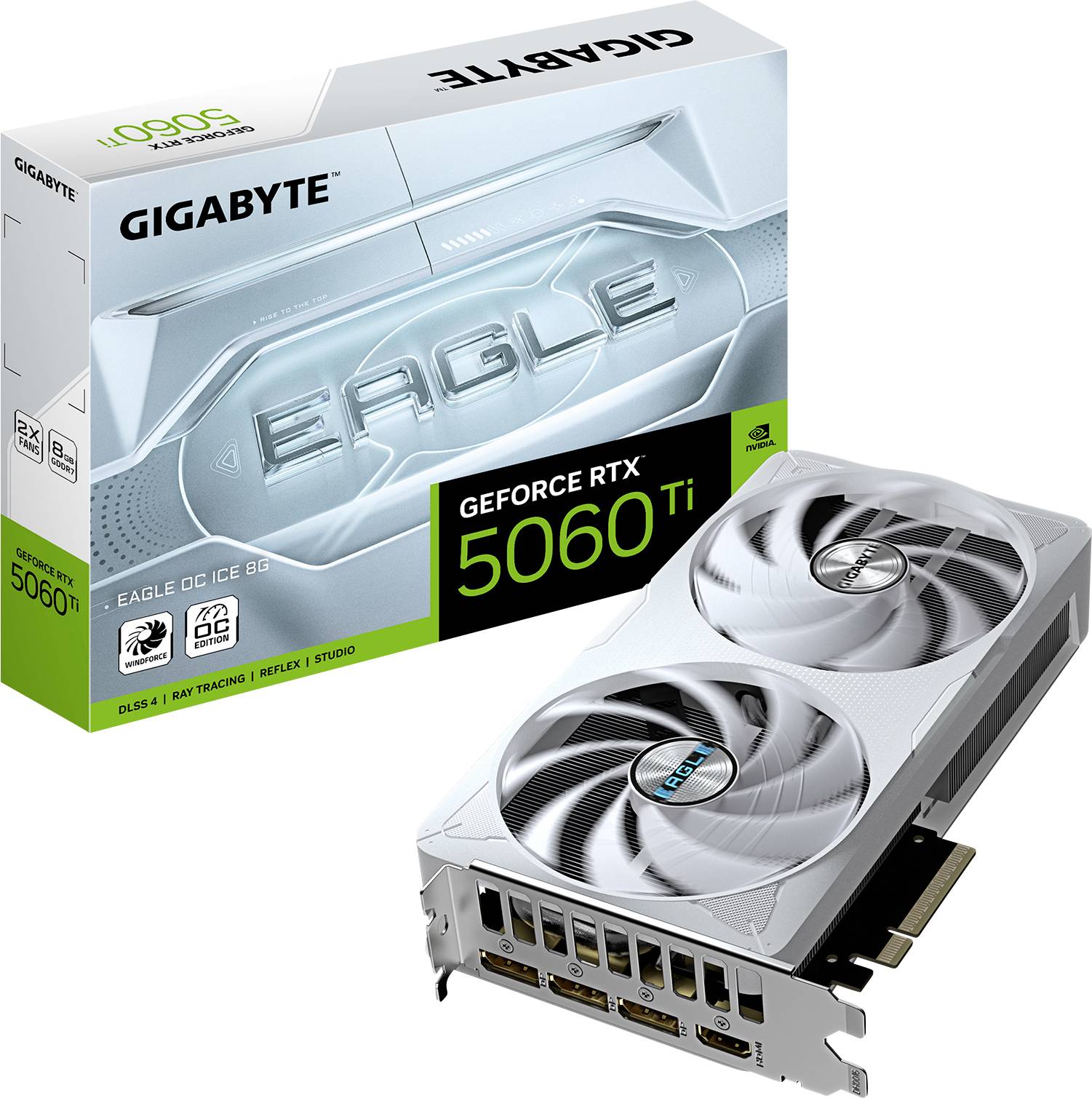 Eine Grafikkarte der Marke Gigabyte, Modell GeForce RTX 5060 Ti, mit dualen Lüftern. Verpackung im Hintergrund zeigt gleiche Details.
