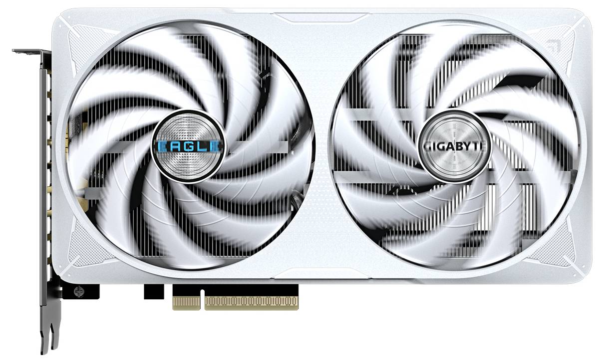 Eine weiße Grafikkarte mit zwei großen Lüftern und dem Logo 'GIGABYTE'.
