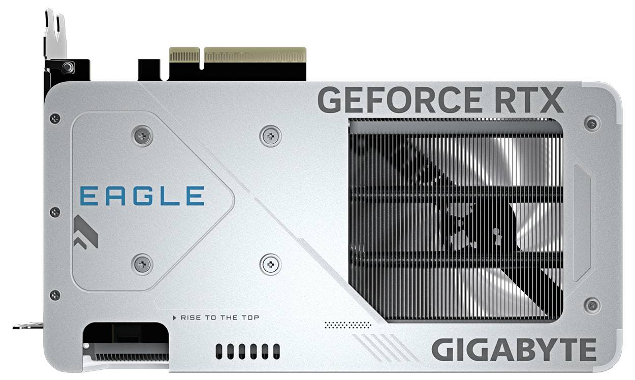 Eine Grafikkarte mit der Aufschrift 'Eagle', 'GEFORCE RTX' und 'GIGABYTE' auf der Gehäuseoberfläche und sichtbarem Lüfter.