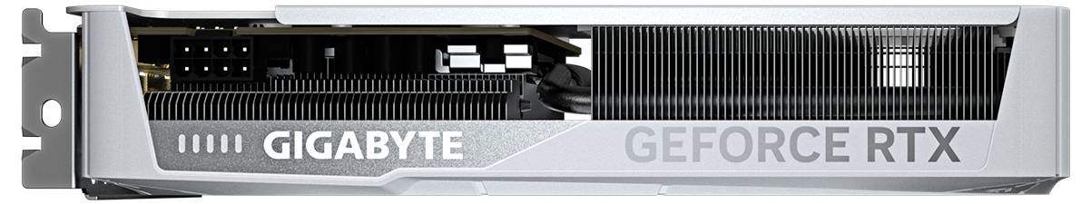 Seitenansicht einer Gigabyte GeForce RTX Grafikkarte in Silber. Lüfter und Anschlüsse sichtbar. Geeignet für leistungsstarke Grafikbearbeitung.