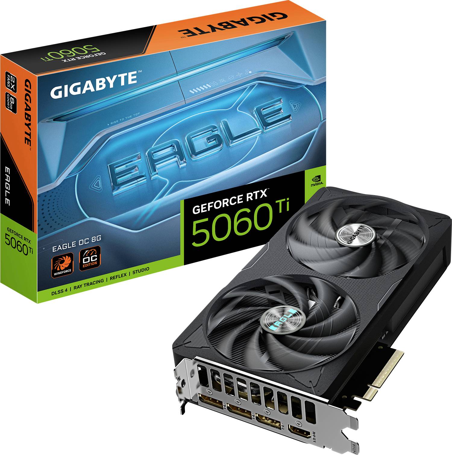 Grafikkarte Gigabyte GeForce RTX 5060 Ti abgebildet mit Verpackung. Verpackung zeigt 'Eagle' Design. Karte hat zwei Lüfter und mehrere Anschlüsse.