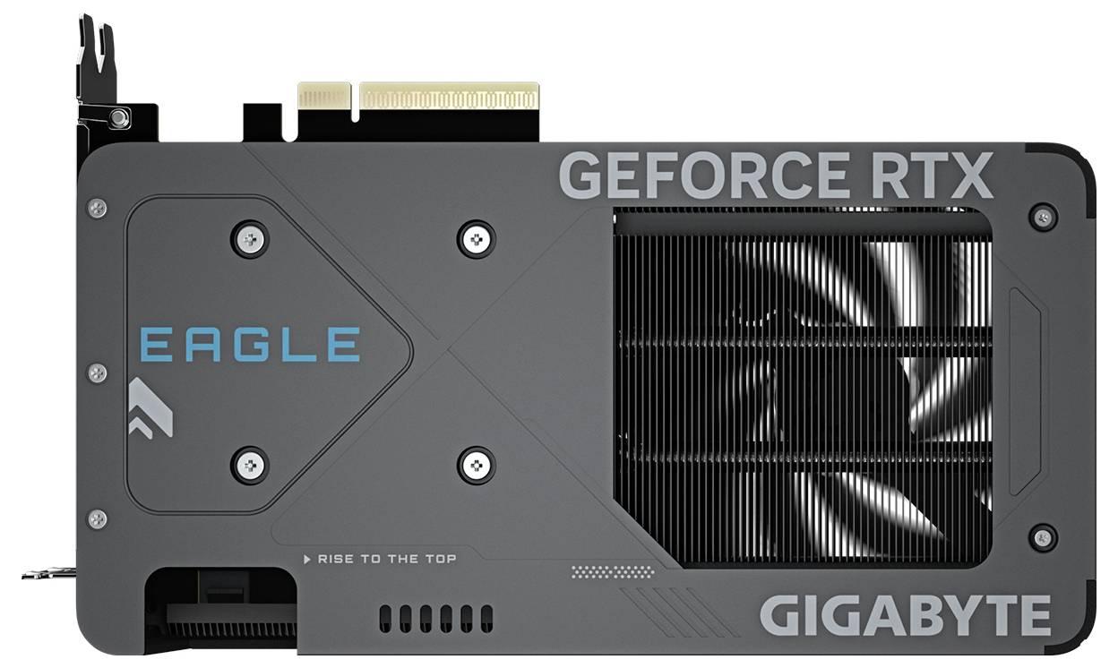Eine Grafikkarte mit der Aufschrift 'GEFORCE RTX', Lüfter sichtbar, Markenname 'GIGABYTE'. Design in Grau mit der Bezeichnung 'EAGLE'.