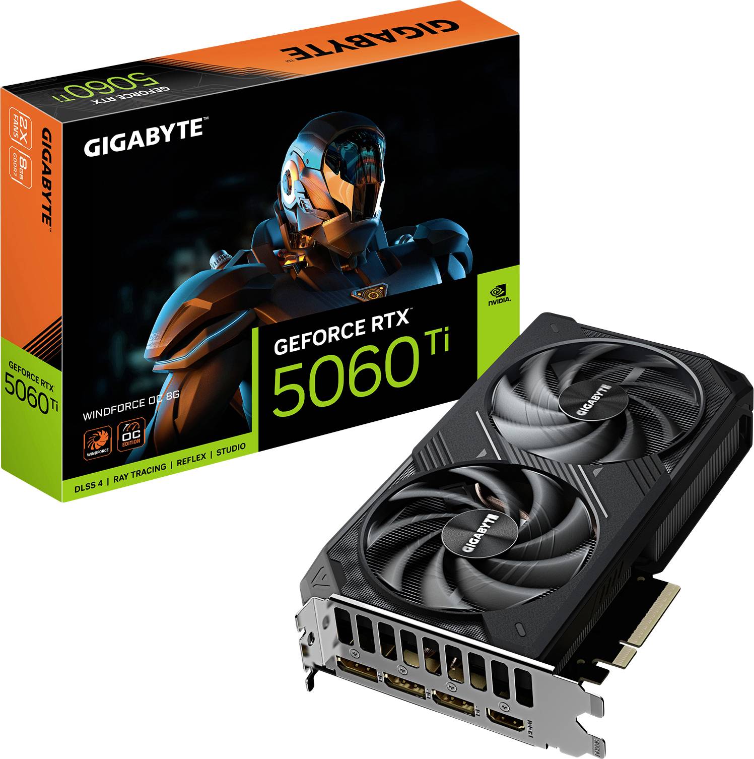 Grafikkarte GIGABYTE GeForce RTX 5060 Ti mit zwei Lüftern vor ihrer Verpackung, die ein futuristisches Roboter-Design zeigt.
