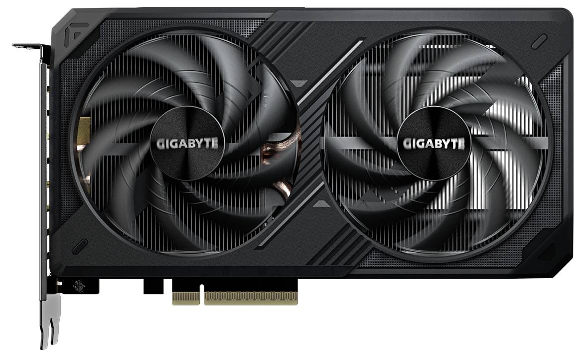 Grafikkarte mit zwei Lüftern und GIGABYTE-Logo auf den Lüftern. Design in Schwarz mit PCIe-Anschlussstreifen links.