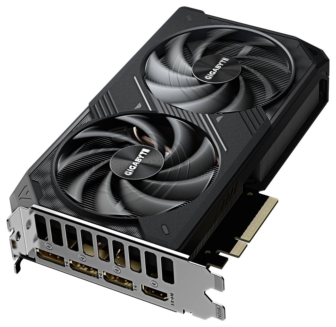 Grafikkarte von Gigabyte mit zwei Lüftern, schwarzen Kühlkörpern und mehreren Anschlussmöglichkeiten auf der Rückseite.