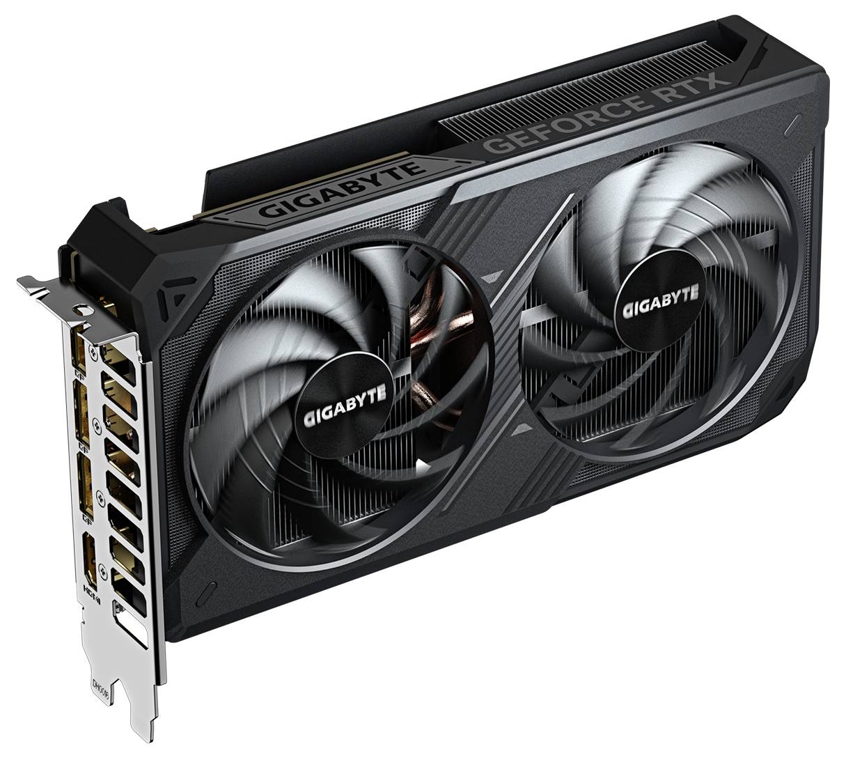 Grafikkarte mit zwei Lüftern. Markenname und Modell 'GEFORCE RTX' auf der Oberseite sichtbar. Enthält mehrere Anschlussoptionen.