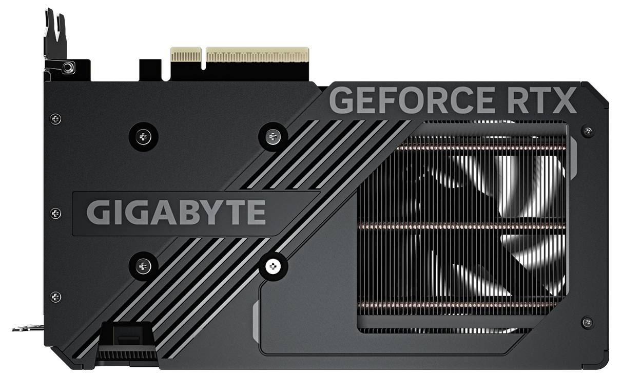 Grafikkarte von Gigabyte mit 'GeForce RTX'-Beschriftung. Schwarzes Design, Lüfter sichtbar.