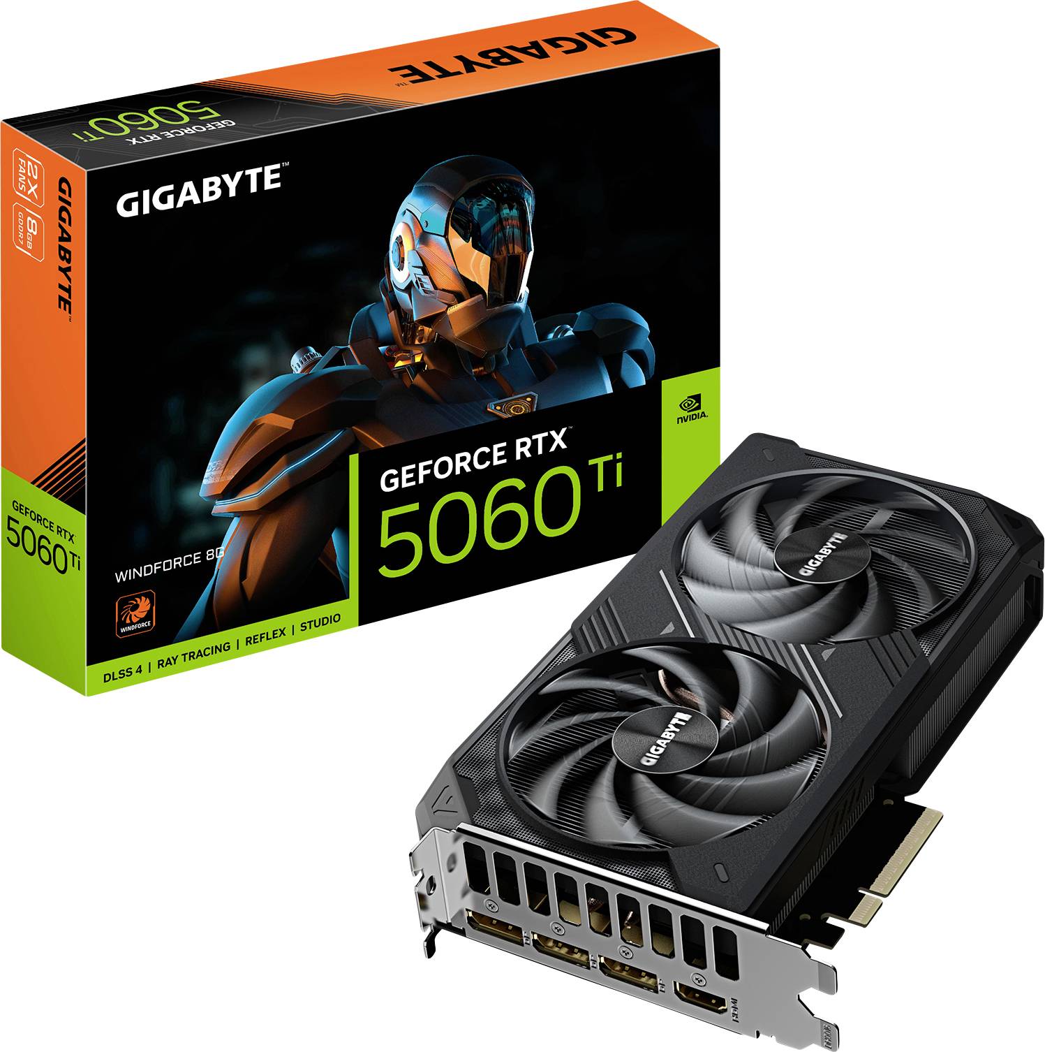 Eine Gigabyte GEFORCE RTX 5060 Ti Grafikkarte daneben ihre Verpackung mit Cyber-Motiv. Enthält DLSS 4 und Ray-Tracing-Unterstützung.