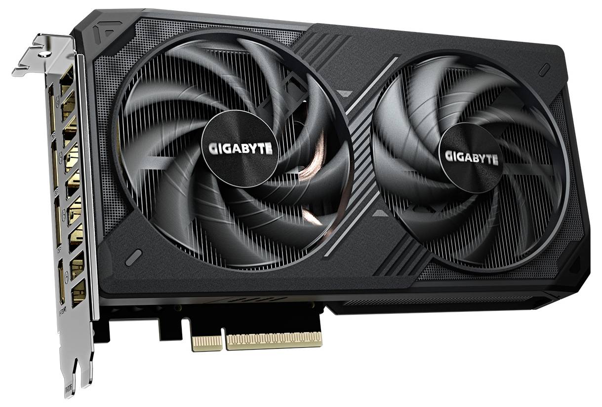 Eine Grafikkarte mit zwei Lüftern, schwarz, Marke Gigabyte, vergoldete Anschlüsse, geeignet für leistungsstarke Computeranwendungen.
