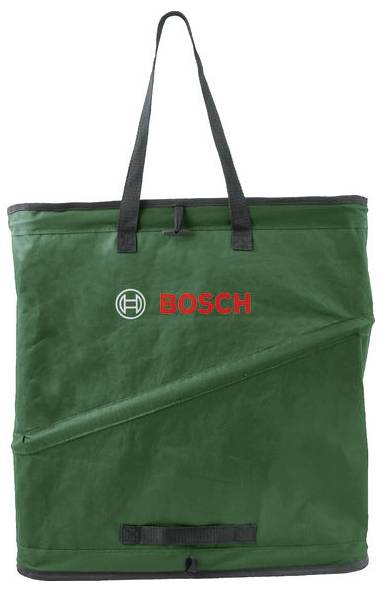 Grüne Tragetasche mit zwei schwarzen Griffen, bedruckt mit dem roten 'BOSCH'-Logo und einem weißen Symbol. Ideal zum Transport.