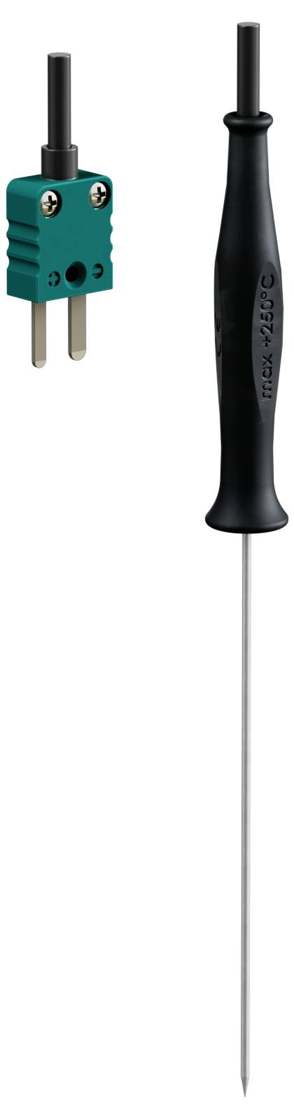 Ein Temperaturfühler mit einem schwarzen Griff und einer langen, dünnen Metallsonde neben einem grünen Stecker mit zwei Metallstiften.