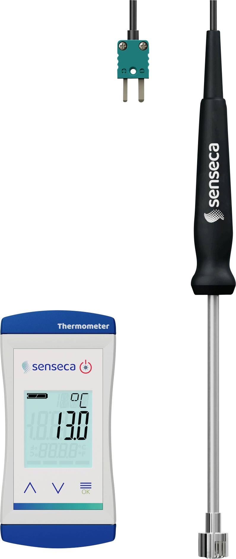 Thermometer mit digitalem Display zeigt 13°C. Verbunden mit einem Metallfühler und einem Kabelstecker, Markenname 'senseca' sichtbar.