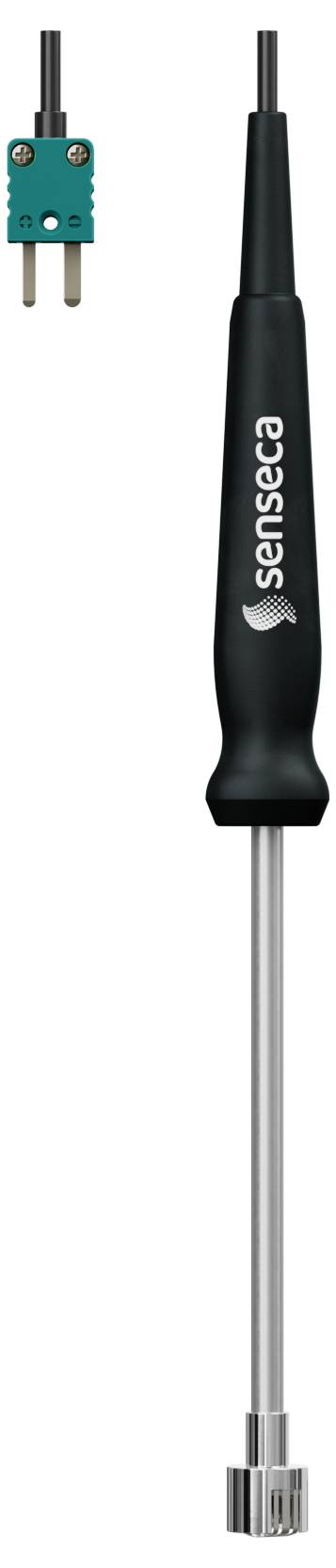 Temperatursonden-Werkzeug und Stecker. Schwarzer Griff mit langer Metallsonde, kleines grünes Steckerzubehör oben.