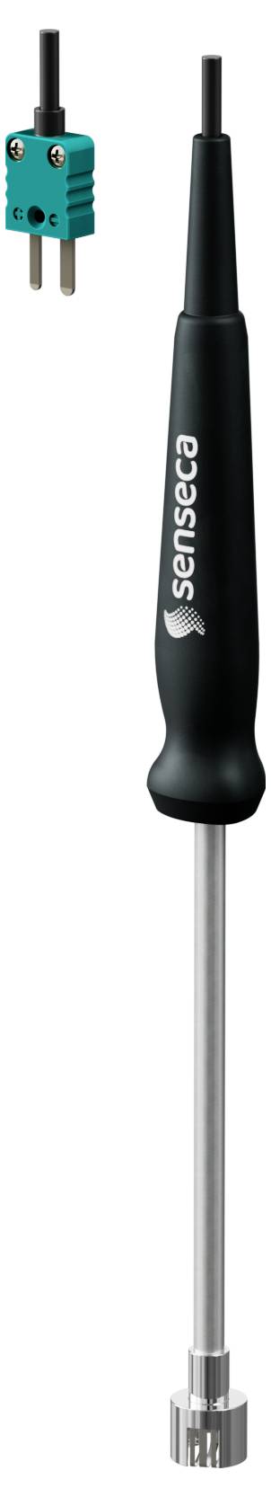 Ein schwarzer Handgriff mit metallischer Spitze, verbunden mit einem grünen Stecker. Markierung 'Sensata' auf dem Griff.
