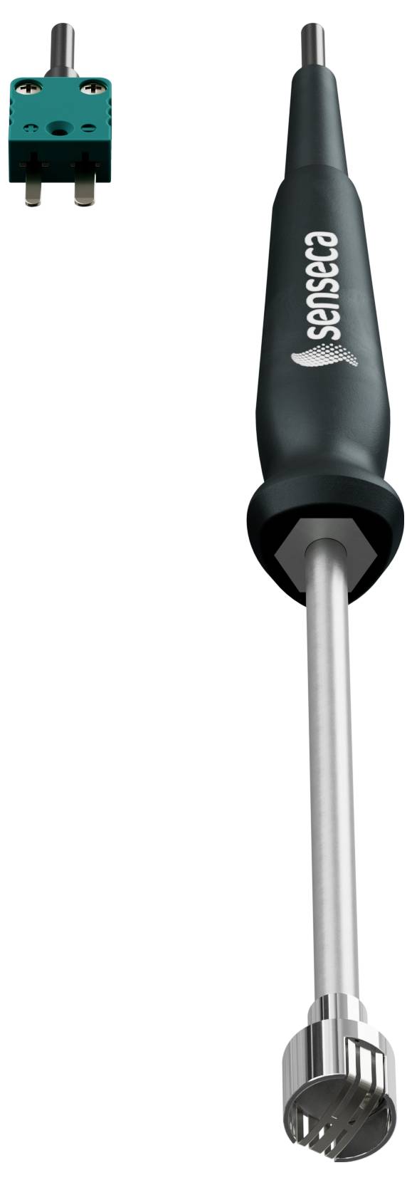 Thermoelementfühler mit dunkelgrauem Griff und silberner Messspitze. Kleine grüne Steckverbindung oben links.