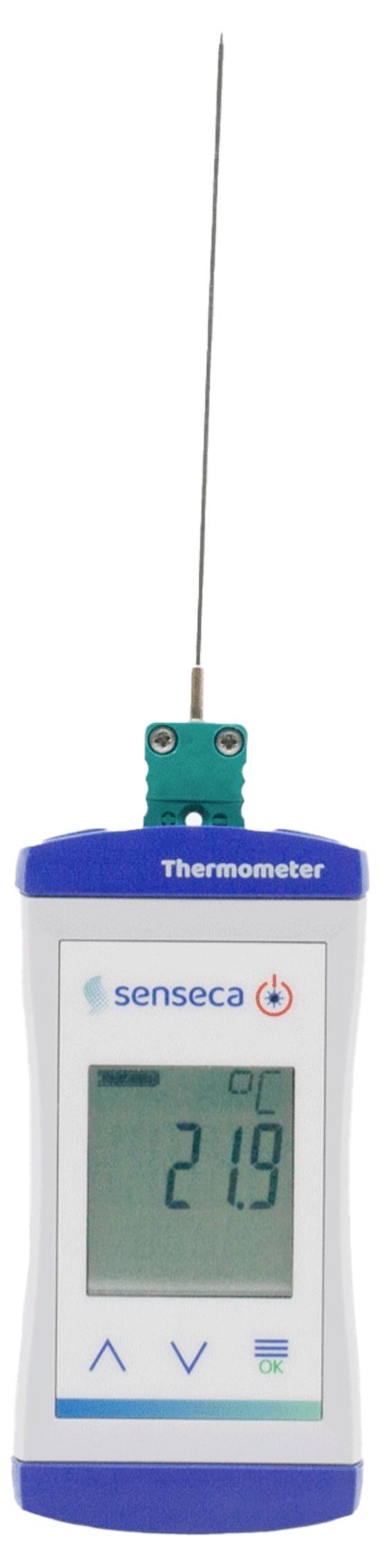 Digitales Thermometer mit langer Metallsonde zeigt 21,9 Grad Celsius auf dem Display an.