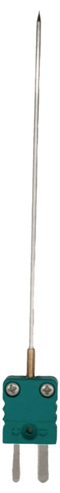 Ein langer, dünner Temperatursensor mit einer Nadel und einem grünen Verbindungselement.