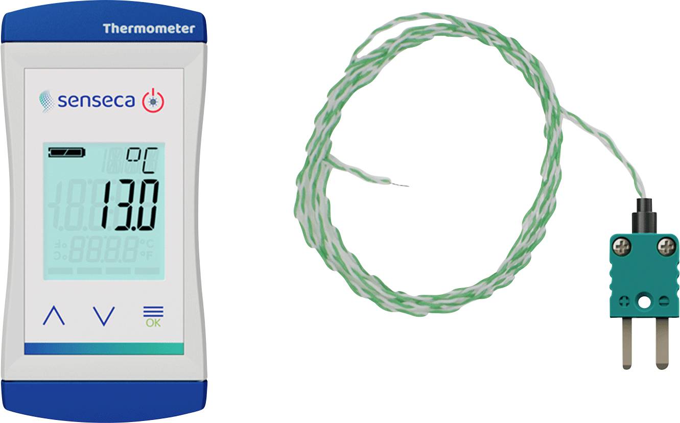 Digitales Thermometer, das '13,0°C' anzeigt, mit einer grünen Mess-Sonde.