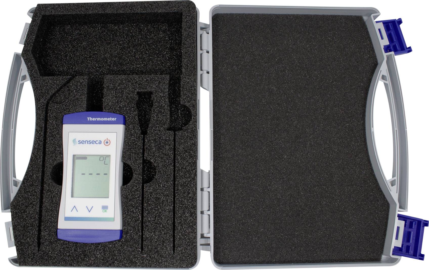 Ein digitales Thermometer in einem gepolsterten, schaumstoffgefütterten Gehäuse mit einem kleinen Displaybildschirm und Tasten zur Navigation.