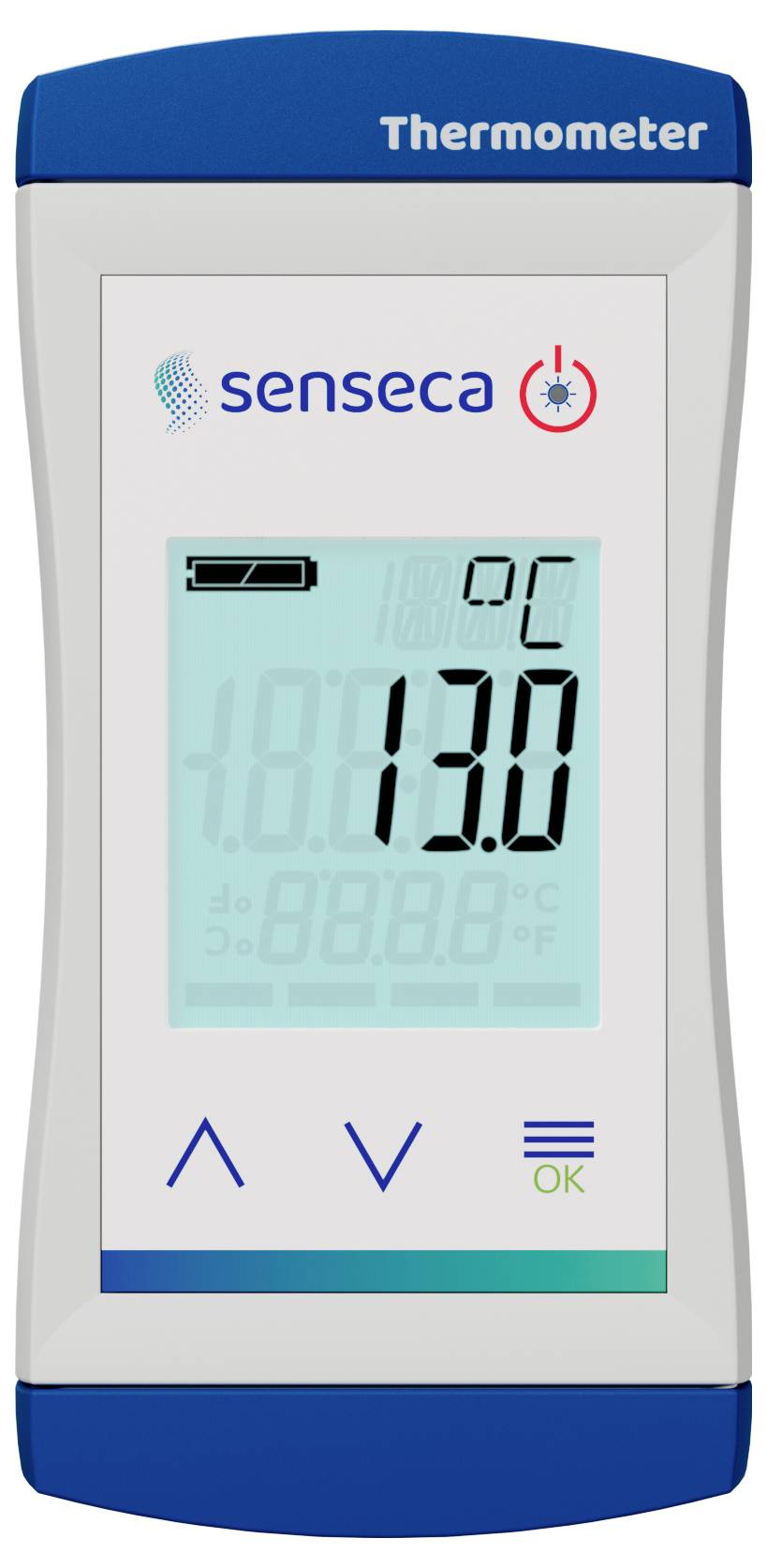 Tragbares digitales Thermometer, das eine Temperatur von 13°C anzeigt, mit dem Markennamen 'senseca' auf dem Display.