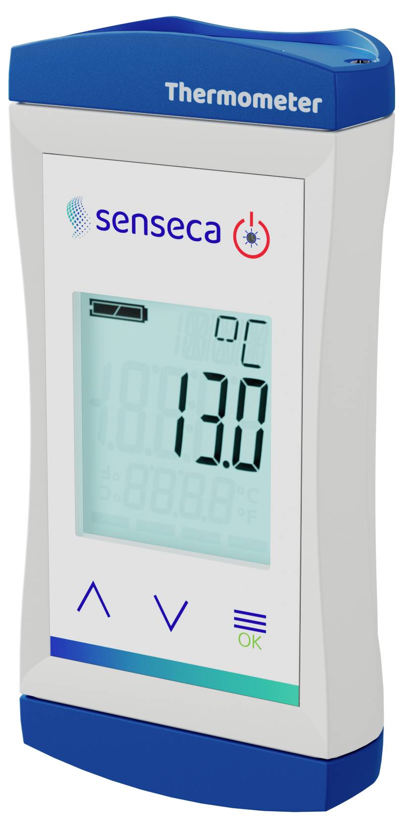Ein digitales Thermometer mit einer großen Anzeige, die '13,0°C' zeigt. Die Thermomarkemarke ist 'Senseca'.