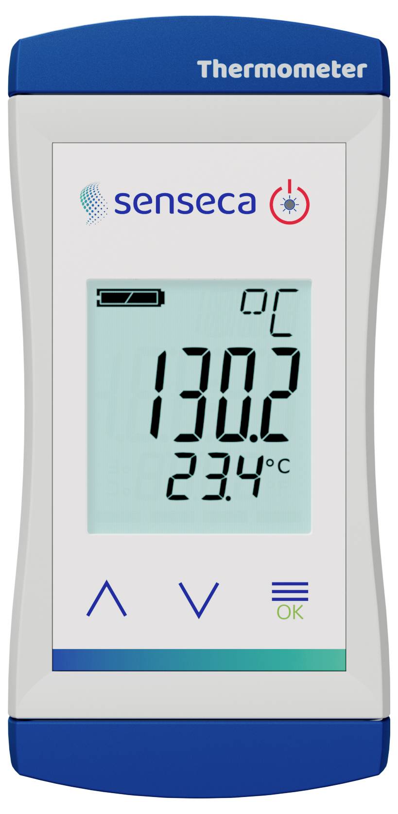 Ein digitales Thermometer zeigt '130.2' und '23.4°C' an. Der Markenname 'senseca' erscheint über dem Display.