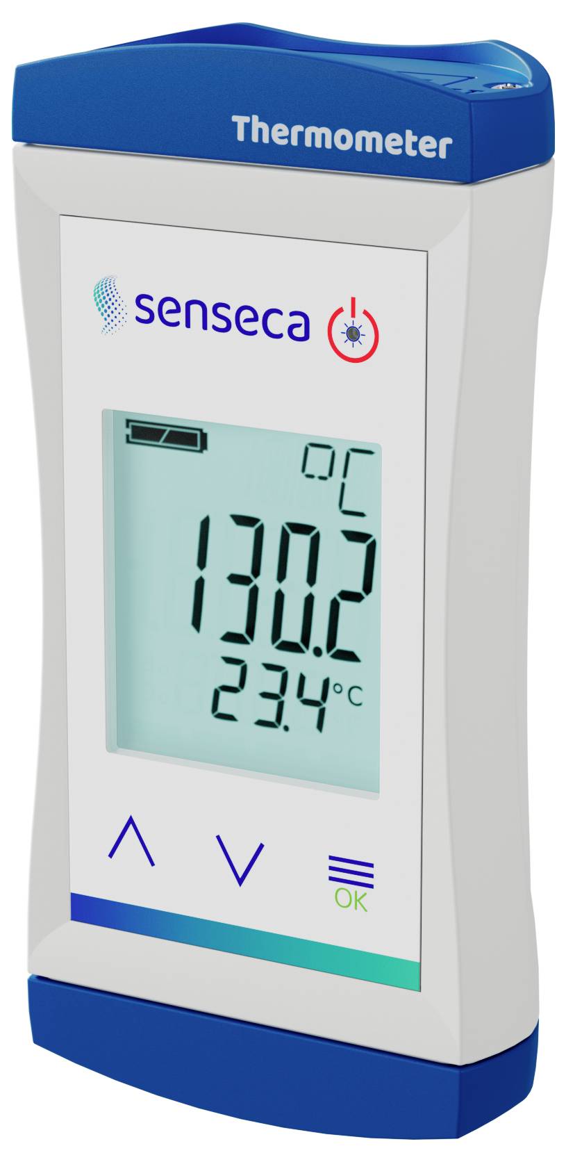 Digitales Thermometer mit der Anzeige '130,2 °C' und '23,4 °C' auf einem LCD-Bildschirm. Weiße und blaue Gehäuse mit dem Markennamen 'senseca'.