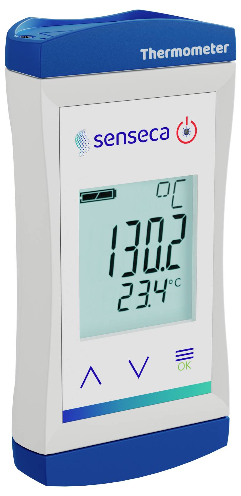 Ein digitales Thermometer zeigt zwei Temperaturen an: '130,2°C' und '23,4°C.' Der Markenname 'Senseca' ist auf dem Gerät sichtbar.