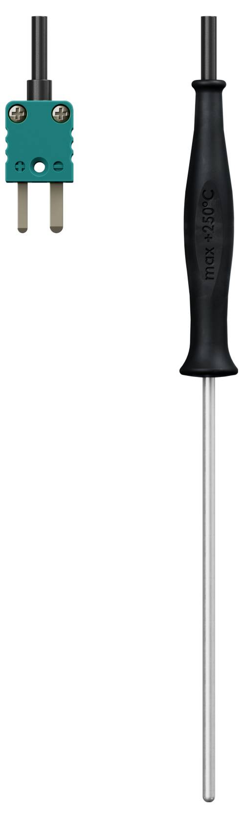 Thermoelement mit grünem Stecker und langem Metallfühler, verwendet zur Temperaturmessung in verschiedenen Anwendungen.