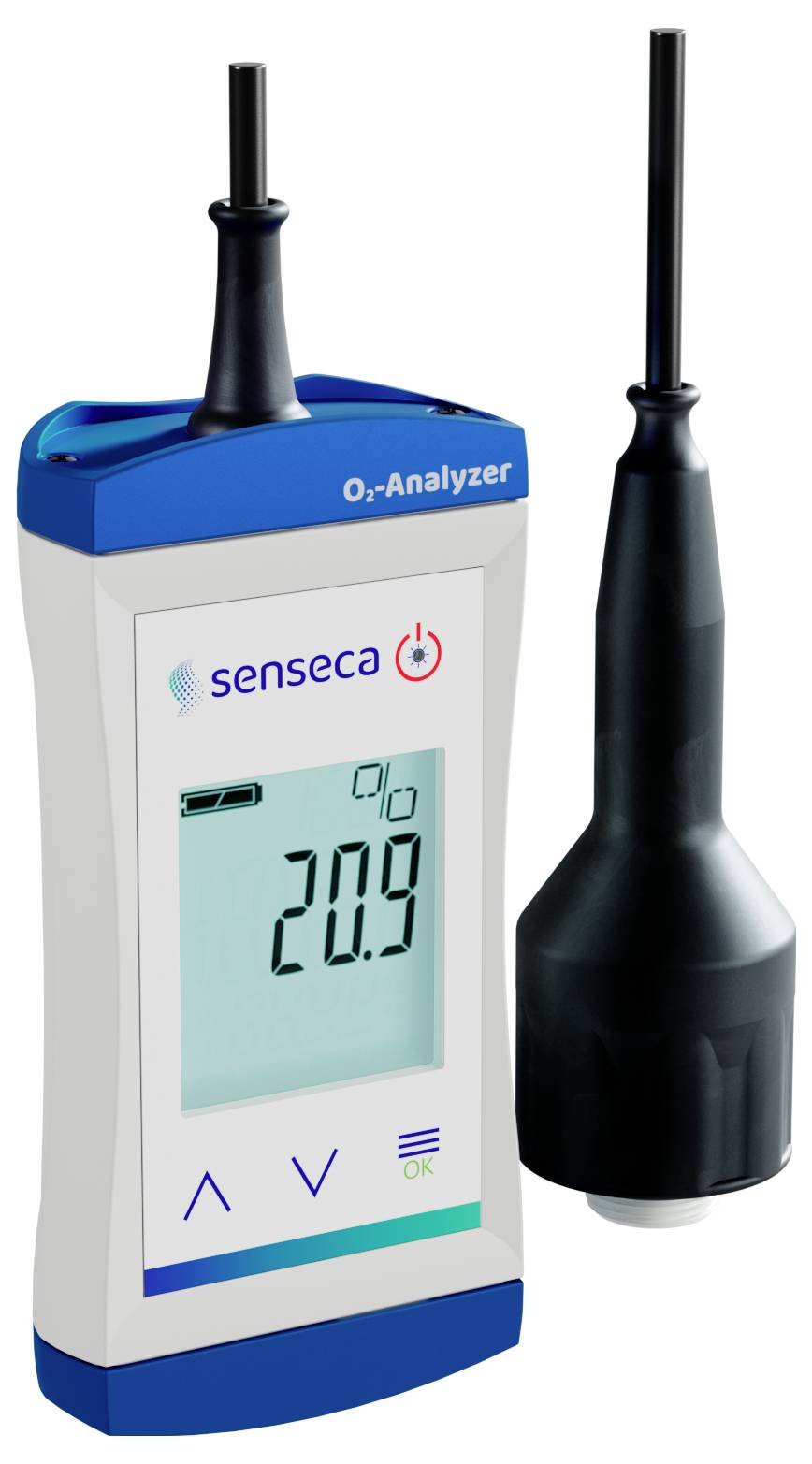 Ein Sauerstoff-Analysator mit digitalem Display zeigt '20,9% O2'. Daneben steht eine schwarze Sonde, die mit dem Gerät verbunden ist.