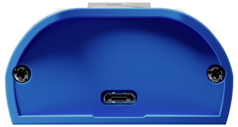 Eine Nahaufnahme des USB-C-Anschlussbereichs eines blauen elektronischen Geräts mit zwei Schrauben links und rechts des Anschlusses.